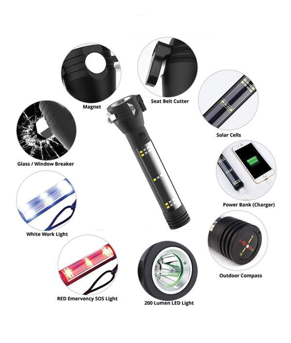 9-in-1 Multi-Functional Roadside Flashlight with Solar Panel Charging Bank  & USB Port – Survival Cat