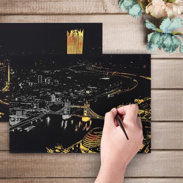 New City Theme DIY Drawing Picture Wall Painting Scratch Card City Golden Night View Paint Arts 1