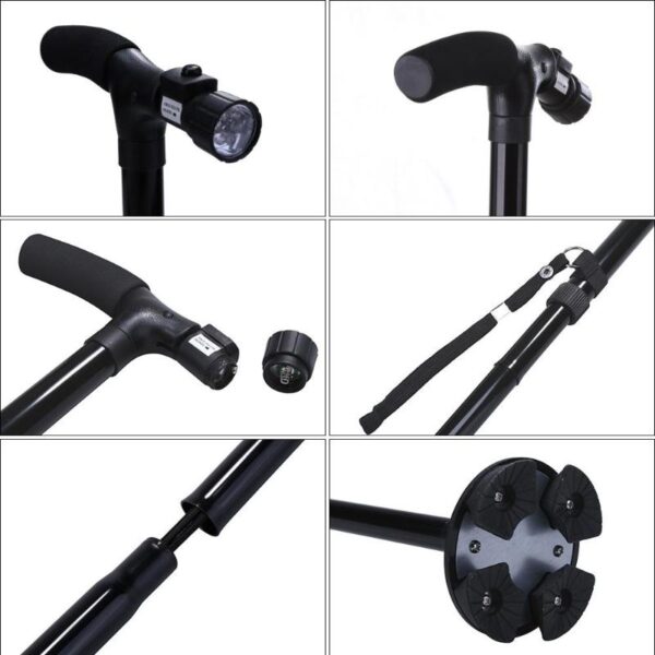 Aluminum LED Light Walking Stick for elder T handle Folding Telescopic Trekking Poles Outdoor Hiking Poles 3