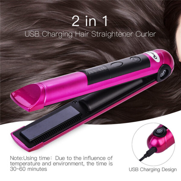 Mini Wireless USB Rechargeable Hair Straightener Curler 3D floating Double Heating Plate 2 in 1 Hair