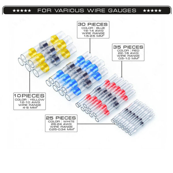 YT 100Pcs Waterproof Solder Seal Heat Shrink Butt Terminals Insulated Electrical Wire Cable Tinned Copper Connectors