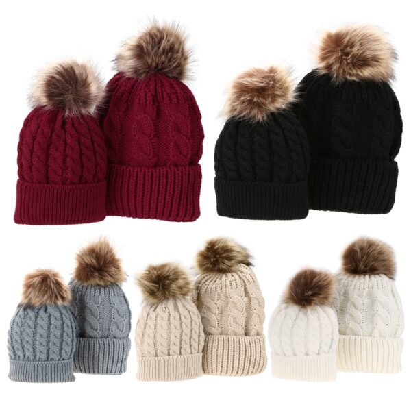 Šešir za mamu i bebu 5Colors s pomponom Topli rakun krzno Bobble Beanie Dječji pamučni pleteni roditelj 1