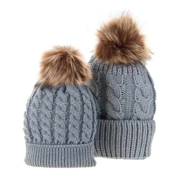 5Colors Mom And Baby Hat with Pompon Warm Raccoon Fur Bobble Beanie Kids Cotton Knitted Parent 3.jpg 640x640 3