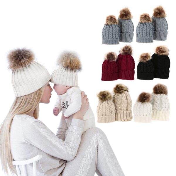 5Colors Mom And Baby Hat with Pompon Warm Raccoon Fur Bobble Beanie Kids Cotton Knitted Parent