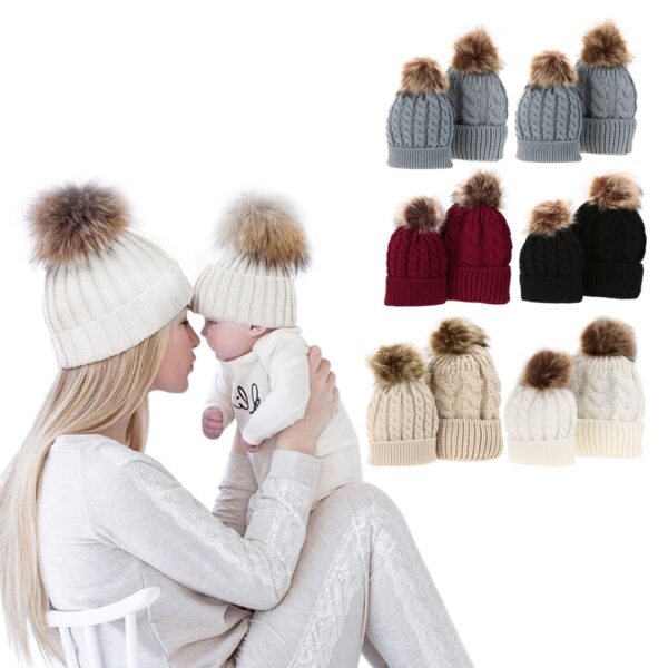 Šešir za mamu i bebu 5Colors s pomponom Topli rakun krzno Bobble Beanie Dječji pamučni pleteni roditelj