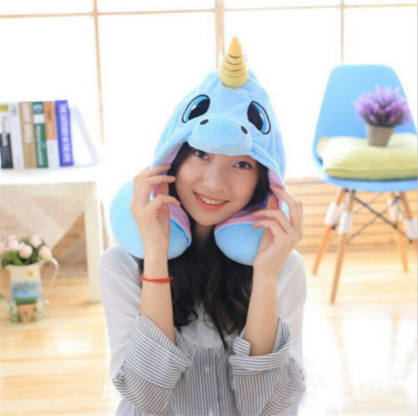 AU Cartoon Unicorn Neck Rest U Shaped Travel Hooded Pillow Cushion Compact Soft 1