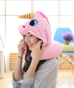 AU Cartoon Unicorn Neck Rest U Shaped Travel Hooded Pillow Cushion Compact Soft 2