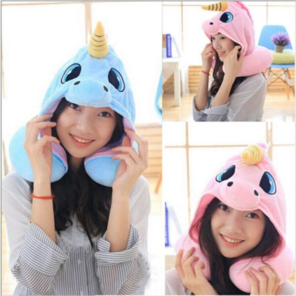 AU Cartoon Unicorn Neck Rest U Shaped Travel Hooded Pillow Cushion Compact Soft 3