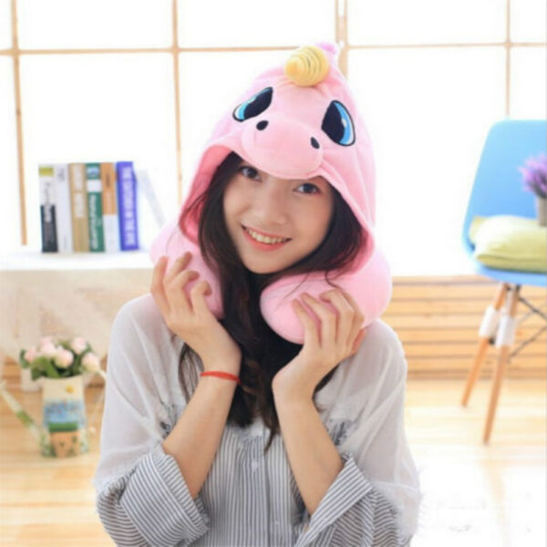 AU Cartoon Unicorn Neck Rest U Shaped Travel Hooded Pillow Cushion Compact Soft 4