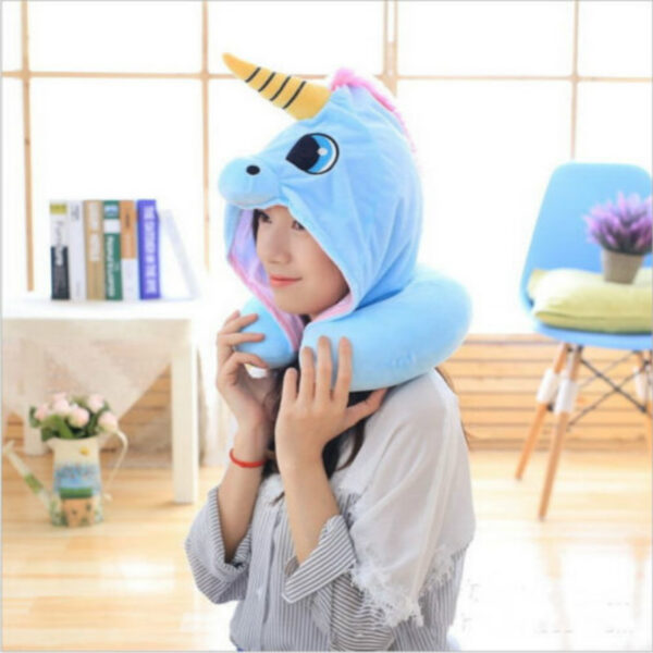 AU Cartoon Unicorn Neck Rest U Shaped Travel Hooded Pillow Cushion Compact Soft 5