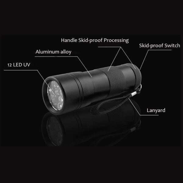 395NM UV 12 Awọn LED Imọlẹ Imọlẹ Imọlẹ eleyi fun Oluwari Owo Owo Amber Portable Water mabomire Aluminiomu UV 4