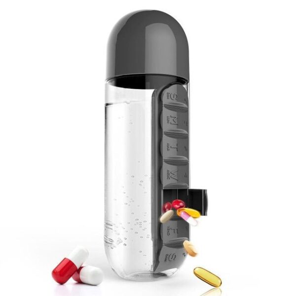 600ml Sports Plastic Water Bottle Maghiusa sa Adlaw-adlaw nga Pill Boxes Organizer Mga Botelya sa Pag-inom Leak Proof Botelya