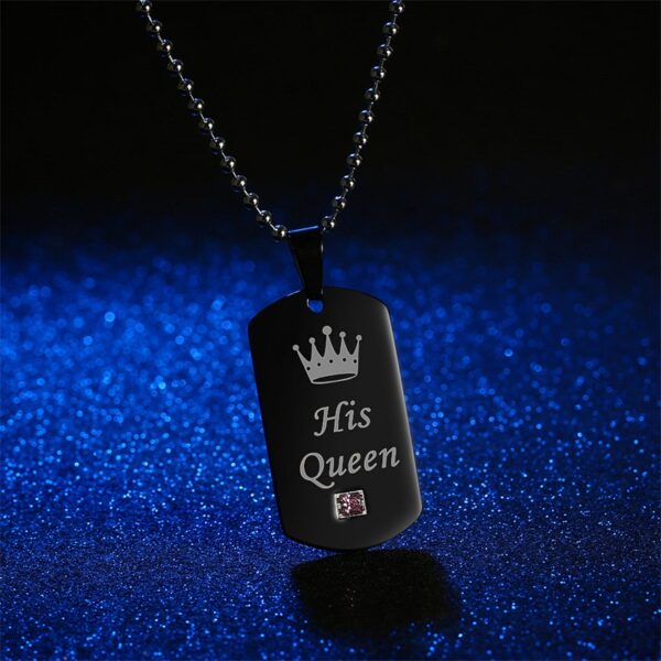 AZIZ BEKKAOUI Black Stainless Steel Couple Necklaces Her King His Queen Crown Tag Pendant Necklace with 3