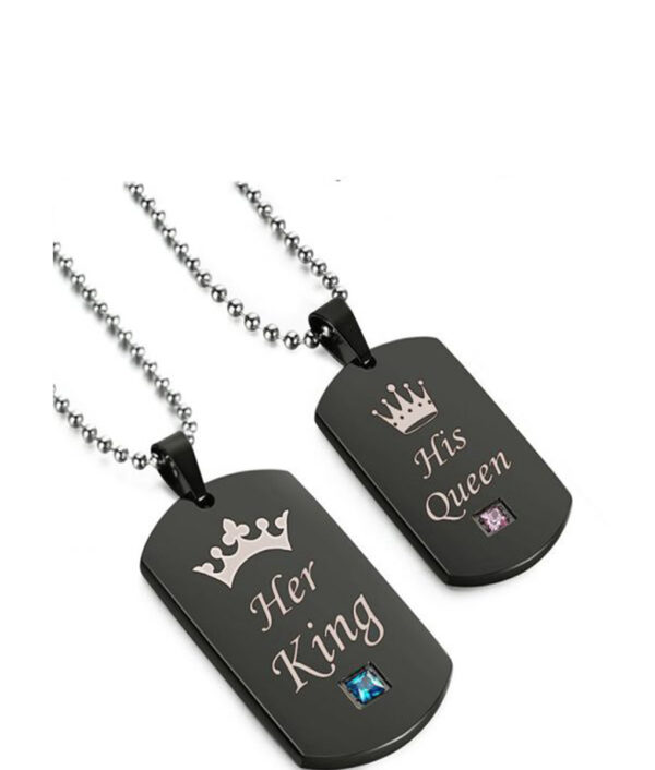 AZIZ BEKKAOUI Black Stainless Steel Couple Necklaces Her King His Queen Crown Tag Pendant Necklace with 510x510 1
