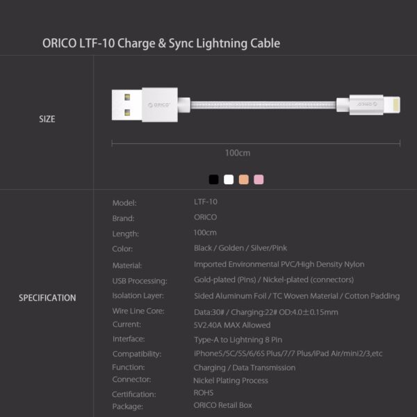 Cábla USB ORICO 1m Muirearú Tapa 2 4A Cábla sonraí le haghaidh Soilsiú go Cábla USB do 5