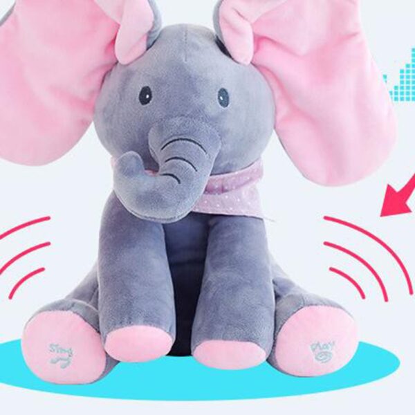 Peek a boo Plush Elephant Peekaboo Elephant Electric Blinking with Concert Singing Gray Plus Red English 3