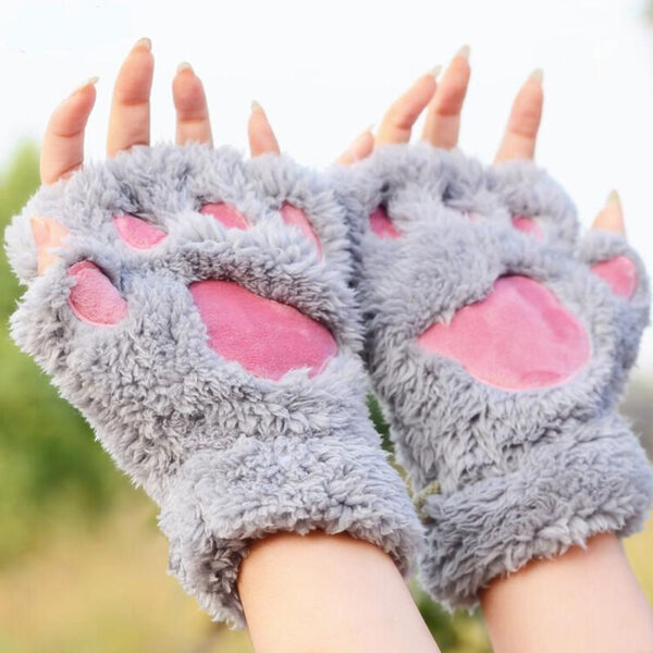 Winter Women Cute Cat Claw Paw Plush Mittens Short Fingerless Gloves Half Finger Gloves 10