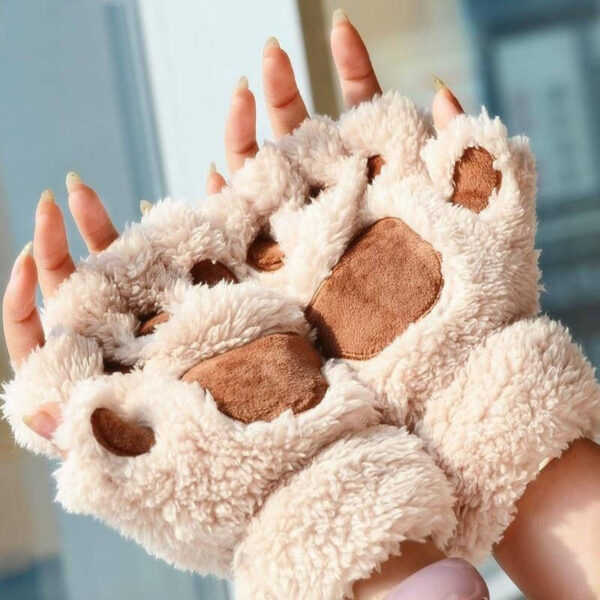 Winter Women Cute Cat Claw Paw Plush Mittens Short Fingerless Gloves Half Finger Gloves 11