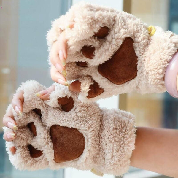 Winter Women Cute Cat Claw Paw Plush Mittens Short Fingerless Gloves Half Finger Gloves 7