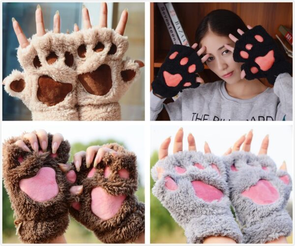 Winter Women Cute Cat Claw Paw Plush Mittens Short Fingerless Gloves Half Finger Gloves 8