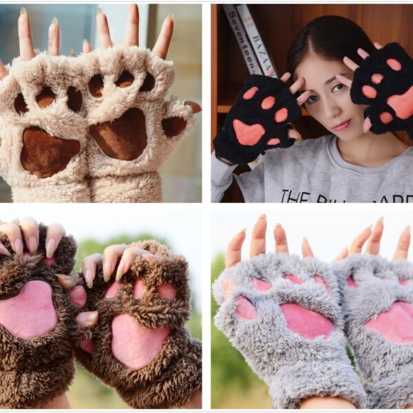 Winter Women Cute Cat Claw Paw Plush Mittens Short Fingerless Gloves Half Finger Gloves 8