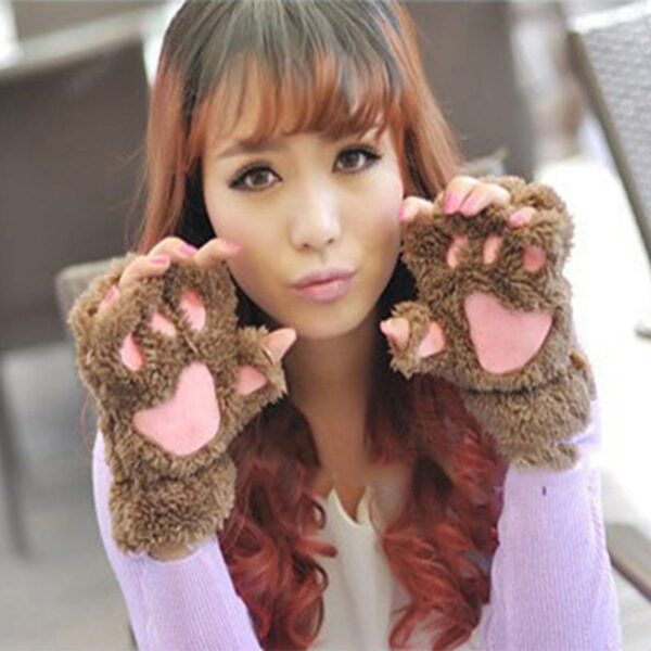 Winter Women Cute Cat Claw Paw Plush Mittens Short Fingerless Gloves Half Finger Gloves 9