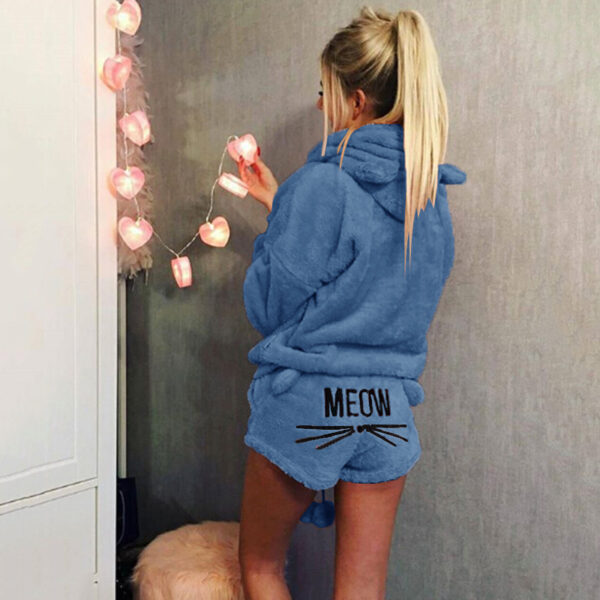 Women Coral Velvet Suit Two Piece Autumn Winter Pajamas Warm Sleepwear Cute Cat Meow Pattern Hoodies 1