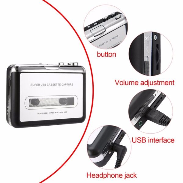 kebidumei Mini Cassette Player USB kasẹti Agbohunsile Oluyipada Audio Audio MP3 Orin Olutọju Olumulo 5