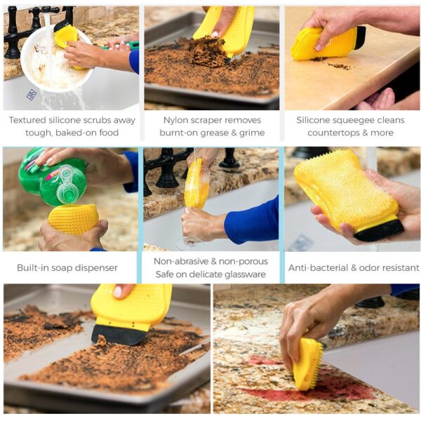 3 in 1 Silicone Sponge Hero Scrub Scrapes Squeegees For Cleaning Brush Built with Soap Dispenser 1