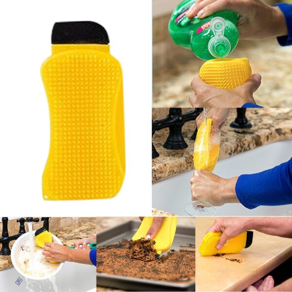 3 in 1 Silicone Sponge Hero Scrub Scrapes Squeegees For Cleaning Brush Built with Soap Dispenser