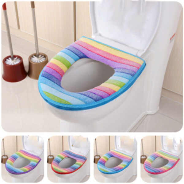 Bathroom Rainbow Stripes Warmer Toilet Seat Cloth Closestool Cover Pads Well