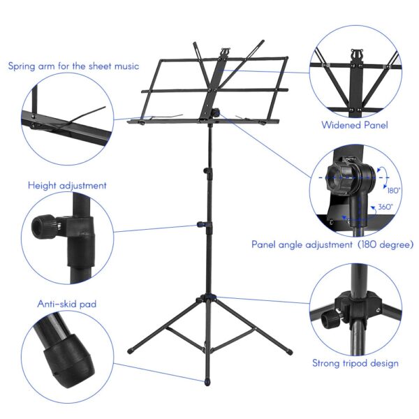 Foldable Sheet Music Tripod Stand Holder Lightweight with Water resistant Carry Bag for Violin Piano Guitar 2