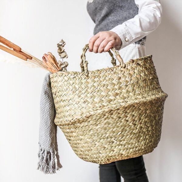 Handmade Rattan Storage Basket Seagrass Laundry Basket Wicker Picnic Basket for Plant Flower Fruit Storage Box 4