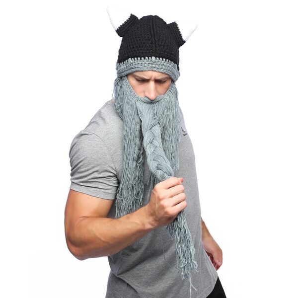 IOTTG Adult Viking Beard Beanie Horn Hat Winter Warm Mask Hat Wool Knitted Hat Funny Skull