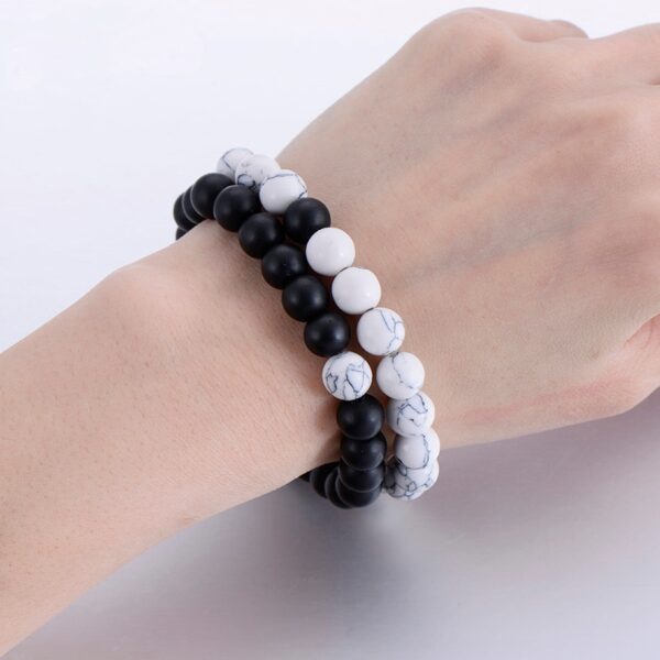 2Pcs Set Couples Distance Bracelet Classic Natural Stone White and Black Yin Yang Beaded Bracelets for 2