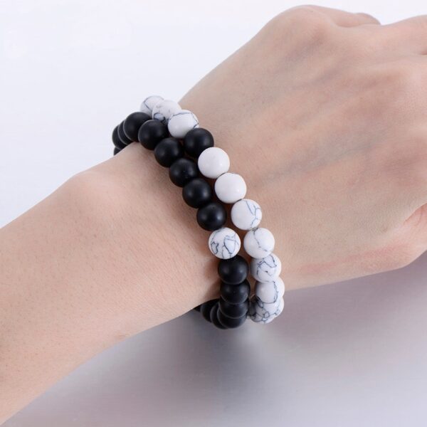 Conjunto de pulseiras de distância para casais, 2 peças, pedra natural clássica, branco e preto, yin yang, pulseiras com contas para 2