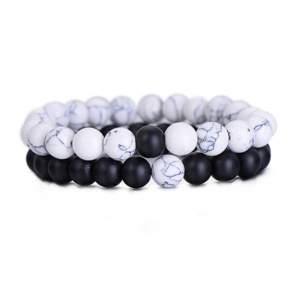 2stk Sæt Par Afstand Armbånd Klassisk Natursten Hvid og Sort Yin Yang Beaded Armbånd