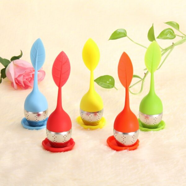 6 Colors Silicone Tea Infuser Reusable Tea Strainer Sweet Leaf with Drop Tray Novelty Tea Ball 3