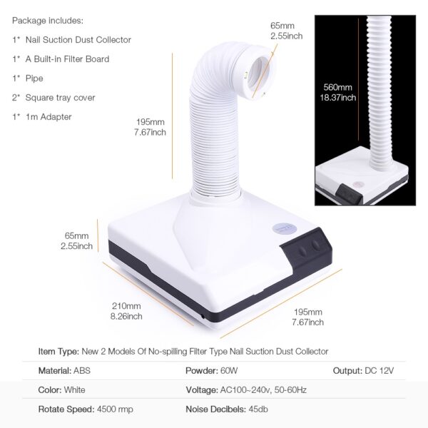 60W new strong nail dust collector suction dust cleaner retractable elbow design fan nail vacuum cleaner 5