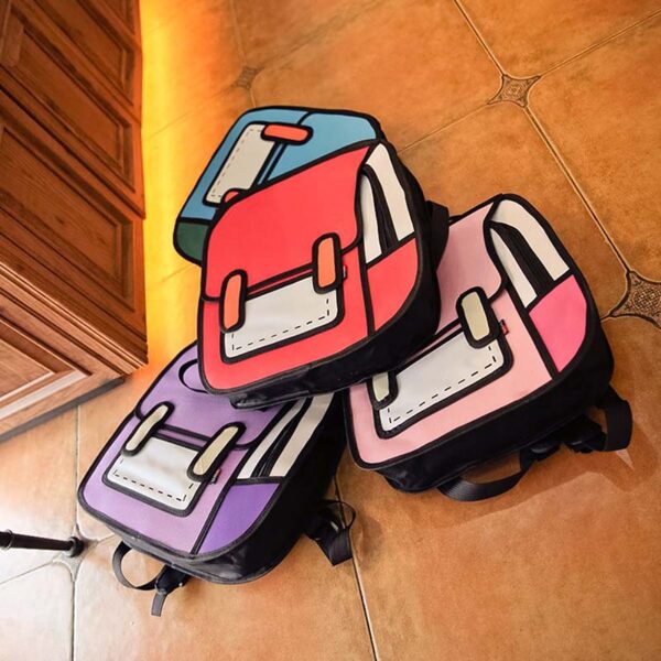 Ang AEQUEEN 3D Print Canvas Backpacks 2D Drawing Cartoon School Back Pack Bag Cute Student Schoolbag Messenger