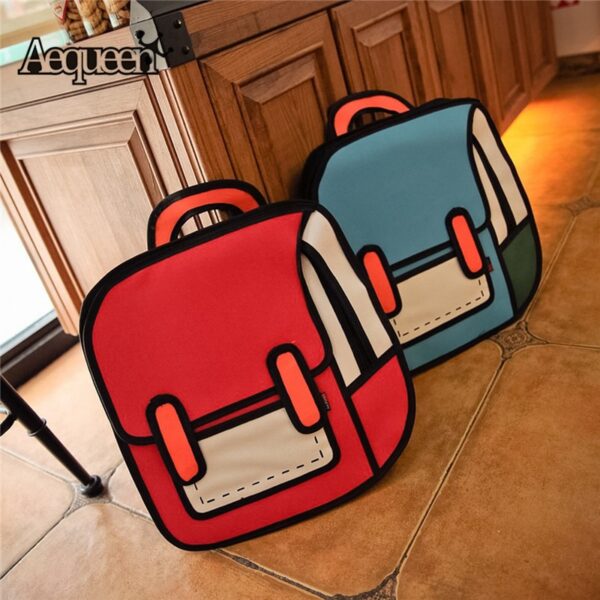 Ang AEQUEEN 3D Print Canvas Backpacks 2D Drawing Cartoon School Back Pack Bag Cute Student Schoolbag Messenger