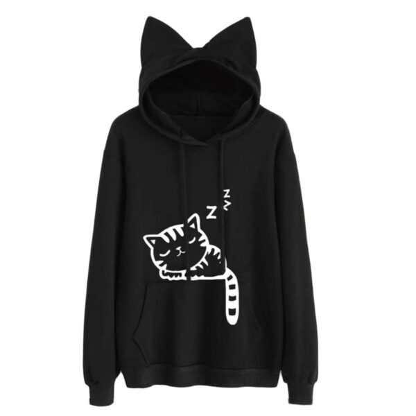 Black Women Kawaii Cat Ear Hoodies Tops Cute Cartoon Sleeping Cat Printed Hooded Sweatshirt Female Loose 1