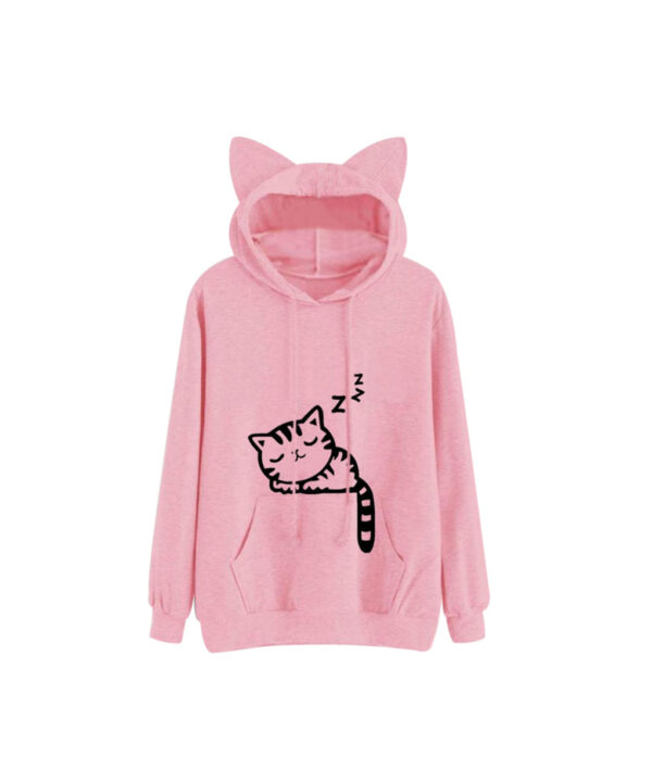 Black Women Kawaii Cat Ear Hoodies Tops Cute Cartoon Sleeping Cat Printed Hooded Sweatshirt Female Loose 2 1