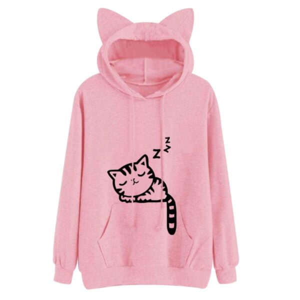 Black Women Kawaii Cat Ear Hoodies Tops Cute Cartoon Sleeping Cat Printed Hooded Sweatshirt Female Loose 2