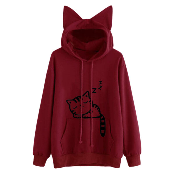 Black Women Kawaii Cat Ear Hoodies Tops Cute Cartoon Sleeping Cat Printed Hooded Sweatshirt Female Loose 3