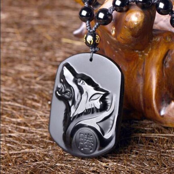 Drop Pengiriman Kalung Serigala Obsidian Hitam Ukiran Kepala Serigala Amulet Liontin dengan Rantai Obsidian Berkah Lucky 1