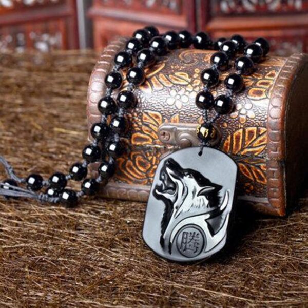 Drop Shipping Black Obsidian Wolf Necklace Carving Wolf Head Amulet Pendant With Chain Obsidian Blessing Lucky 2