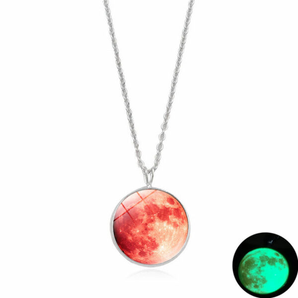 Glow In The Dark Moon Necklace 14mm Galaxy Planet Glass Cabochon Pendant Necklace Silver Chain Luminous 2.jpg 640x640 2