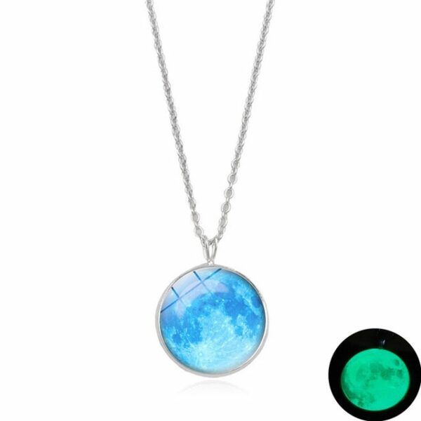 Glow In The Dark Moon Necklace 14mm Galaxy Planet Glass Cabochon Pendant Necklace Silver Chain Luminous 3.jpg 640x640 3