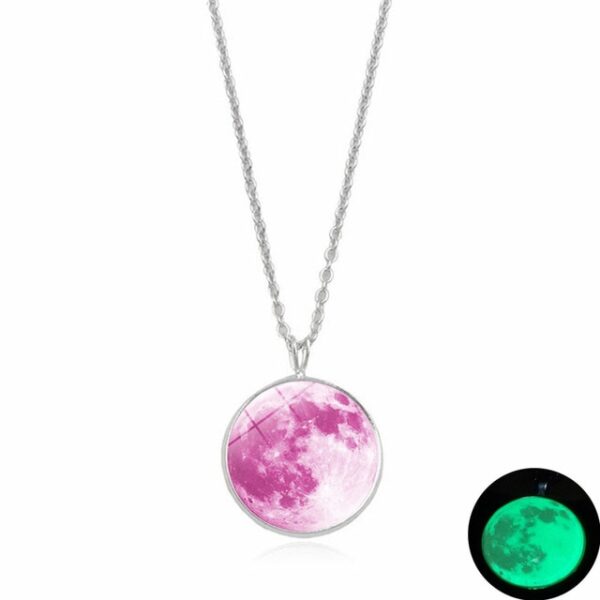 Glow In The Dark Moon Necklace 14mm Galaxy Planet Glass Cabochon Pendant Necklace Silver Chain Luminous 5.jpg 640x640 5